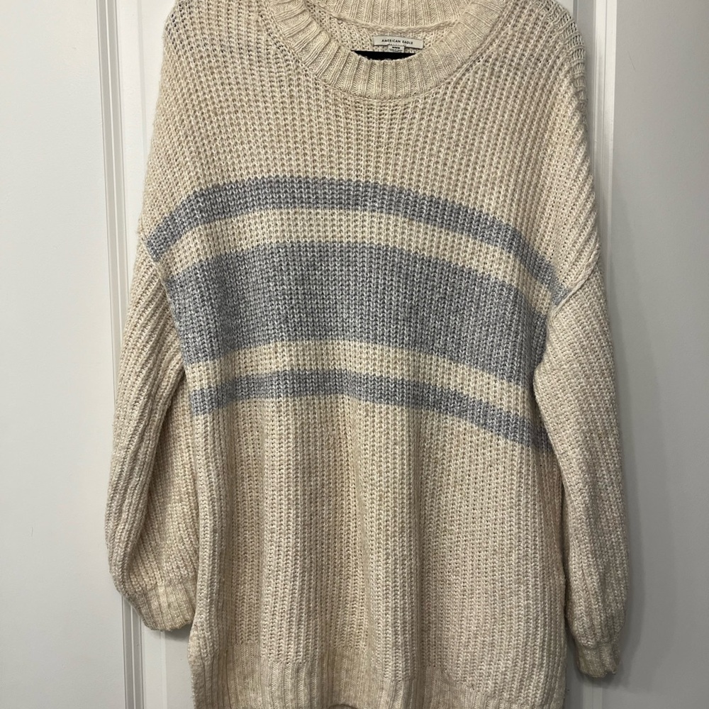 American Eagle Outfitters Oversized Dreamspun Cream and Gray Striped Sweater